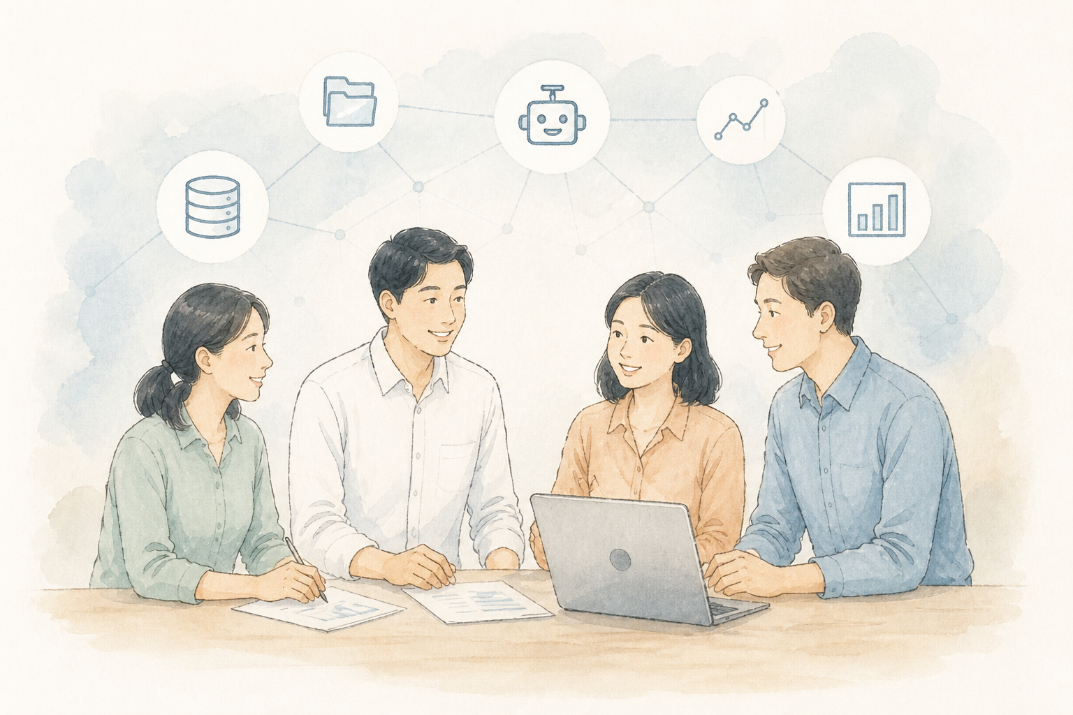 人と仕組みが、同じテーブルで仕事を進める様子